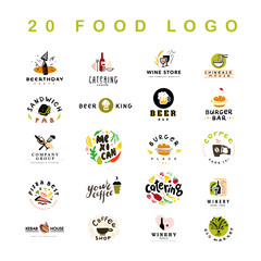 Wall Mural - Collection of 20 vector flat meal, fast food, coffee and alcohol logo and icons set isolated on white background. Hand drawn dish elements. Good for restaurant, cafe, catering, bars insignia banners.