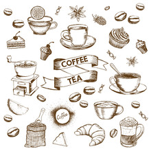 Cup Of Coffee And Coffee Beans. Hand Drawn Vector Background In Vintage Style.