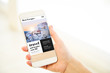 © Mclittle - Woman holding a pink gold blank smartphone showing  travel website