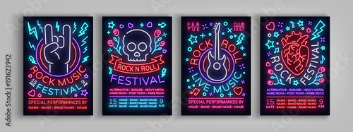 Fotomural Rock Festival set of posters in neon style