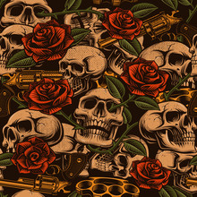 Skulls With Guns And Roses Seamless Pattern