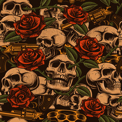 Skulls with guns and roses seamless pattern