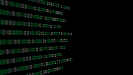 Poster - The green bars transmit the binary code code to the center of the screen. depth of field. place for text.events programmers. cinematic background. seamless loop.