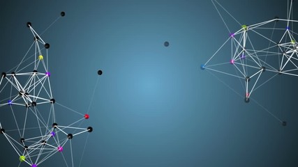 Poster - structures with color-changing cores in the corners of the screen on a blue background. Interaction of elements. Place for text. cinematic plexus background. seamless loop.