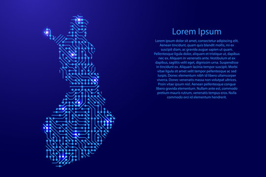 Map Finland from printed board, chip and radio component with blue star space on the contour for banner, poster, greeting card, of vector illustration.