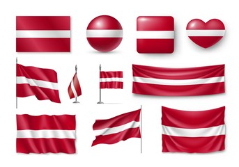 Wall Mural - Set Latvia flags, banners, banners, symbols, flat icon. Vector illustration of collection of national symbols on various objects and state signs