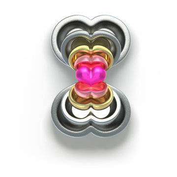 Set of valentines hearts allows create own unique scenes. 3d rendering. Top view isolated on white background. Detailed silver, gold, metallic, foil surface materials. .Objects inside of each other.