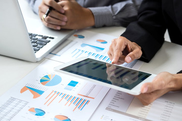 Aufkleber - Business team meeting working with new startup project, discussion and analysis data the charts and graphs. Digital tablet calculator, laptop computer using, Business finances and accounting concept