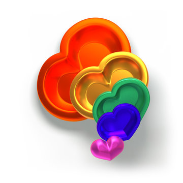 Set of valentines hearts allows create own unique scenes. 3d rendering. Top view isolated on white background. Detailed silver, gold, metallic, foil surface materials. .Objects inside of each other.