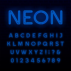 Poster - blue neon tube alphabet font. neon color shiny letters, numbers and symbols. stock vector typeface f