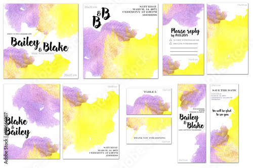 Card Templates Set With Purple And Yellow Watercolor Splashes Background Artistic Design For Business Wedding Anniversary Invitation Flyers Brochures Table Number Rsvp Thank You Card Stock Illustration Adobe Stock
