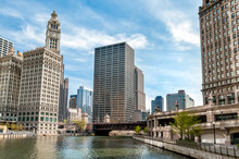 Cityscape With Wrigley Building From Chicago River, Illinois, USA