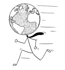 Poster - Cartoon stick man drawing conceptual illustration of running businessman with earth world globe as head. Business concept of fast global, international or worldwide business.