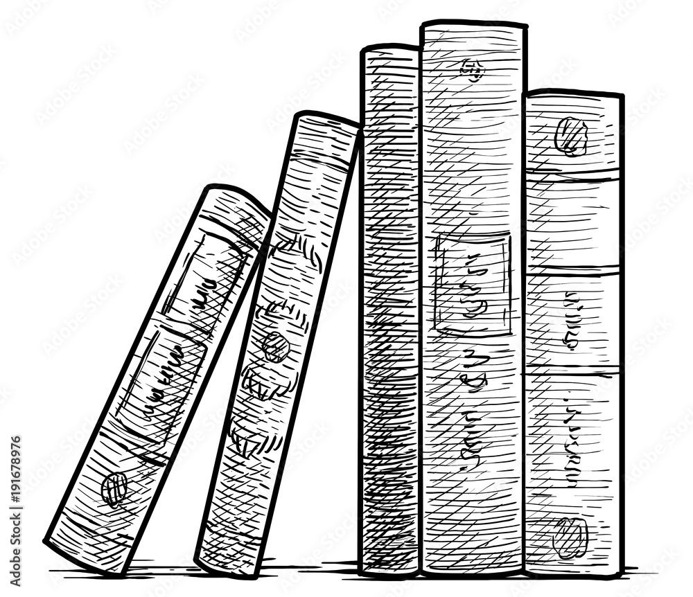Books in a row illustration, drawing, engraving, ink, line art, vector ...