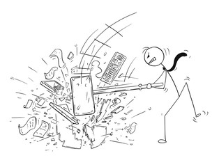 Cartoon stick man drawing conceptual illustration of angry businessman destroying his office computer by large sledgehammer or hammer.