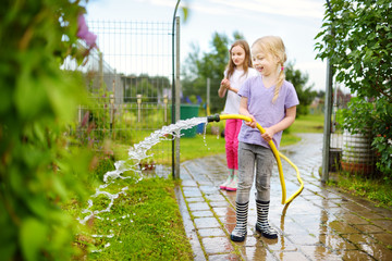 Wall Mural - Adorable little girls playing with a garden hose on warm summer day