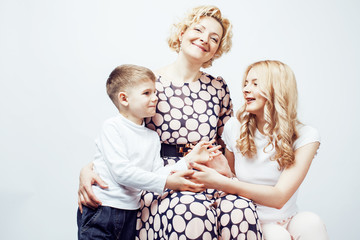 happy smiling family together posing cheerful on white backgroun