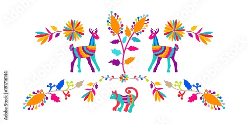 Vector folk Mexican Otomi Style embroidery Pattern Tableau sur Toile
