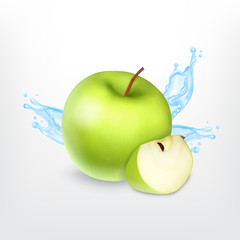 Green apple with water splash