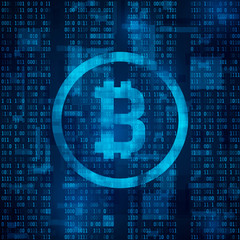 Poster - bitcoin digital currency. cryptocurrency and mining blockchain system. symbol of bitcoin on blue bin