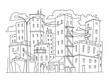 Old city buildings sketch town. Houses multistory outdoors street windows. Hand drawn black line