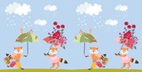 Fototapeta Dinusie - Greeting card with cute cartoon little foxes with fairy umbrellas or endless animal print. Vector summer pattern for children.