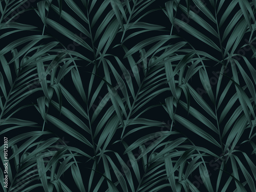 Tropical plant seamless pattern, palm leaves on black background