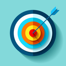 Volume Target Icon In Flat Style On Color Background. Arrow In The Center Aim. Vector Design Element For You Business Projects