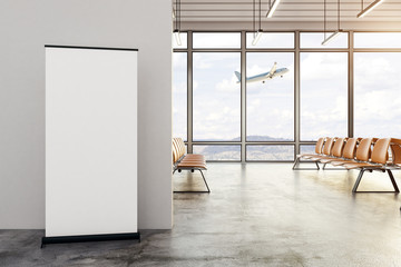 Poster - Modern airport interior with blank ad stand