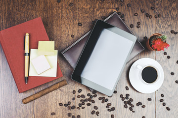 Poster - Wooden workplace with empty tablet