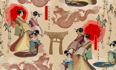 Japanese and Chinese culture seamless pattern. Geishas and dragons. Traditional Japanese culture, red sun, dragons and geisha woman pattern. Japan art