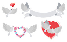 Doves And Hearts With Banners Vector Illustration