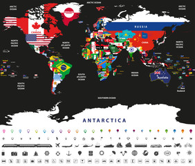 Wall Mural - vector illustration of world map jointed with national flags with countries and oceans names