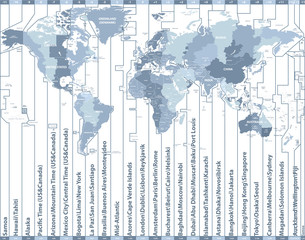 Wall Mural - world time zones vector map with countries names and borders