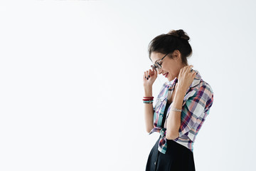 Wall Mural - Profile of woman wearing glasses