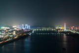 Fototapeta  - Pyongyang night skyline lights with taedong river