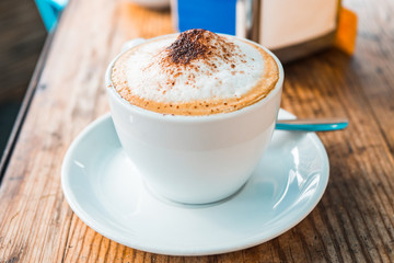 Freshly brewed coffee in a street European cafe