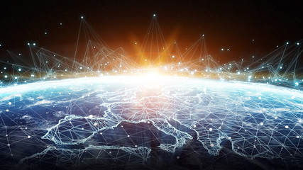 Connections system and datas exchanges on planet Earth 3D rendering