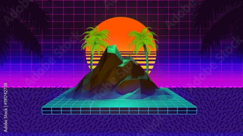 Fotografie, Obraz 80s Retro Synthwave Background 3D Illustration