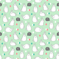 Wall Mural - Vector seamless pattern with cute rabbits and eggs for Easter design. Easter Day background