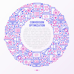 Wall Mural - conversion optimization concept in circle with thin line icons: marketing, customer management, seo 