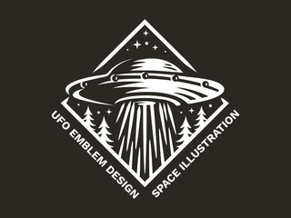 Wall Mural - ufo hovered in the sky above the pine forest and emits light - emblem, vector illustration, print, s