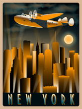 Airplane In The Sky Over New York At Night. Handmade Drawing Vector Illustration. Art Deco Style.