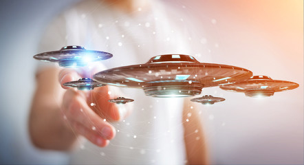 Poster - Businessman with retro UFO spaceship 3D rendering