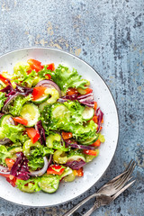 Sticker - Fresh vegetable Salad of cucumber, celery, sweet pepper, frize lettuce, red onion and sesame seeds with olive oil. Healthy vegetarian, vegan food