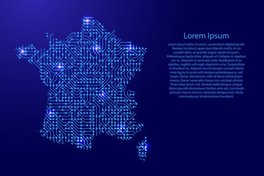 Map France from printed board, chip and radio component with blue star space on the contour for banner, poster, greeting card, of vector illustration.