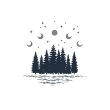Hand Drawn Travel Badge With Fir Trees And Moon Phases Textured Vector Illustrations.