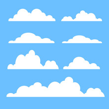 Cloud Vector Icon Set White Color On Blue Background. Sky Flat Illustration Collection For Web, Art And App Design. Different Cloudscape Weather Symbols