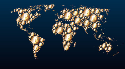 Poster - world map of golden bitcoins, mining, growth rate, distribution