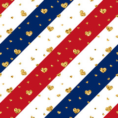 Wall Mural - gold heart seamless pattern. blue-red-white geometric stripes, golden confetti-hearts. symbol of lov